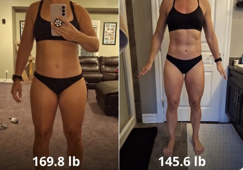 Jennifer R. before and after - 169.8 lb to 145.6 lb
